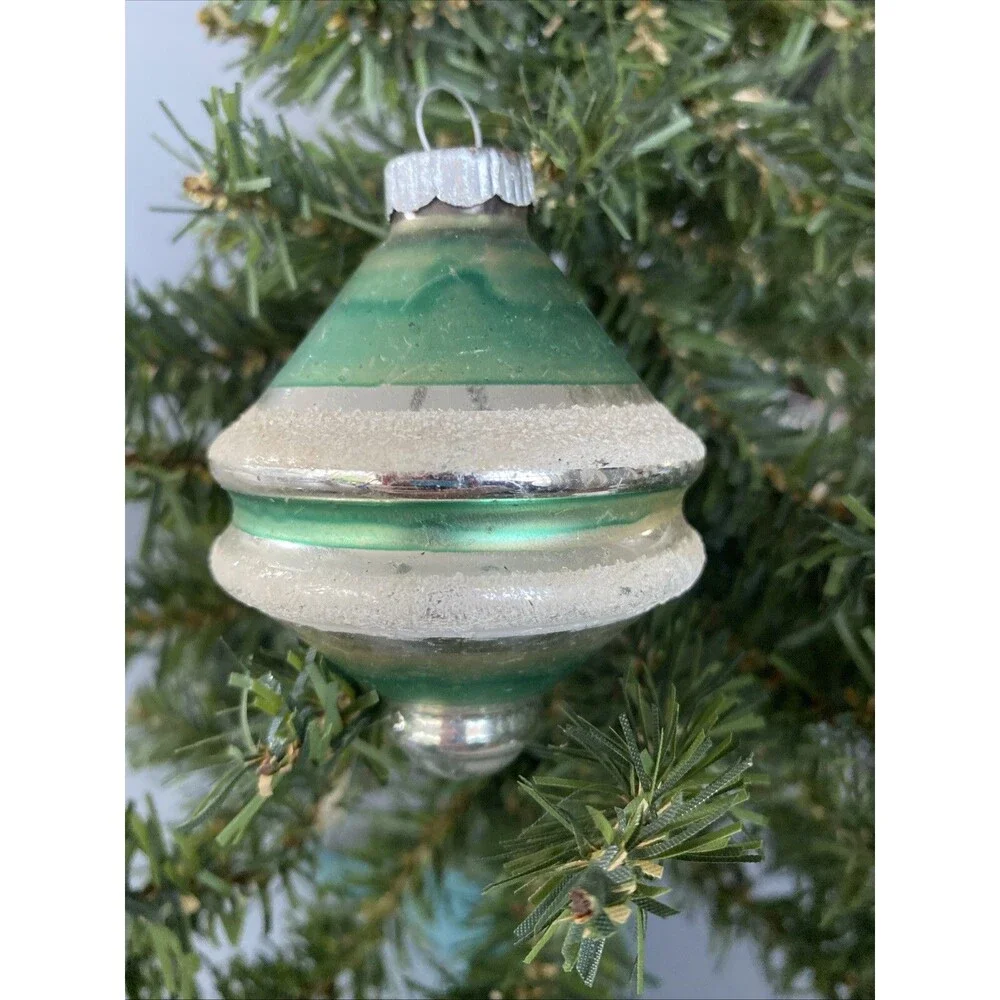 Vintage Christmas Shiny Brite Glass Ornament Mica Ringed UFT Tornado Striped